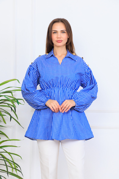 Cochines Women's Saks Blue and White Striped Long Sleeve Satin Hijab Shirt with Elastic Waist