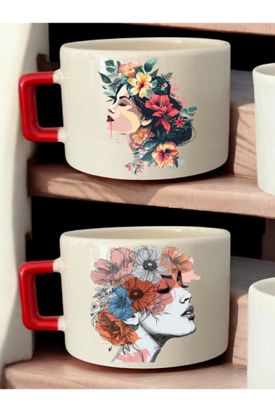 lili hediyelik Flower Haired Woman Printed 2-Piece Coffee Cup Ceramic Mug - Ceramic Tea, Coffee Gift