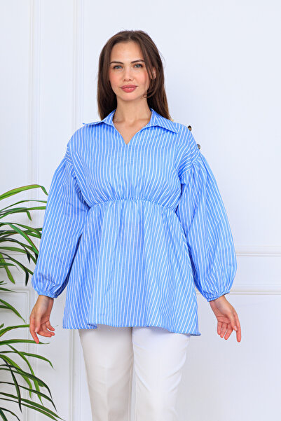 Cochines Women's Baby Blue White Striped Long Sleeve Satin Elastic Waist Hijab Shirt