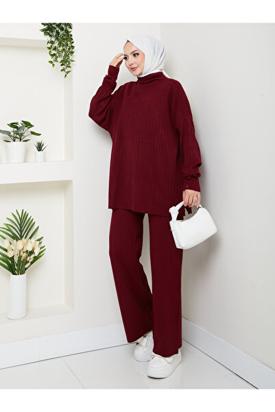 MY QILAM Women's Hijab Top and Bottom Set Ribbed Stand Collar Sleeves Button Detail Knitwear Set Camel