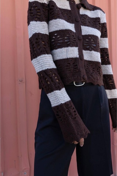 Marjinal Kadın %100 Yün Çiçek Desenli Düğmeli Hırka Kazak