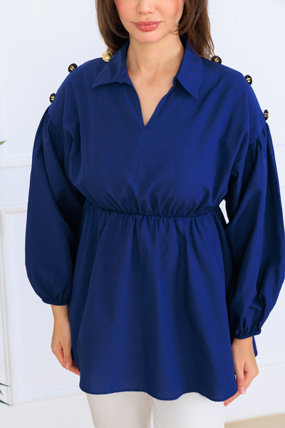 Cochines Γυναικείο πουκάμισο με μακρύ μανίκι σε μπλε ναυτικό μπλε με ελαστική μέση