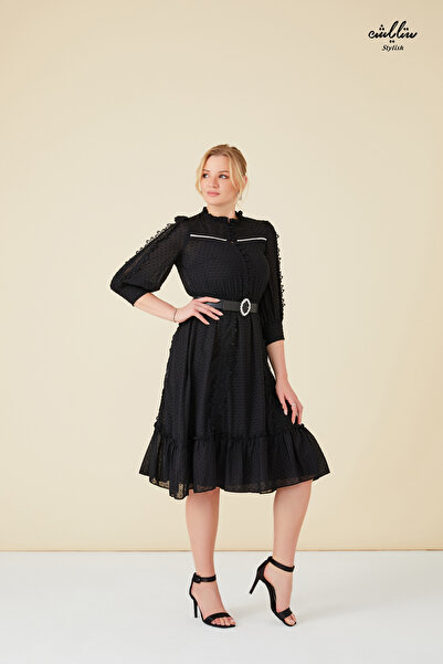 Stylish Black midi dress with belt and buttons at the front