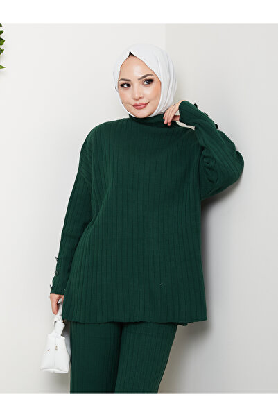 MY QILAM Women's Hijab Top and Bottom Set Ribbed Stand Collar Sleeves Button Detail Knitwear Set Camel