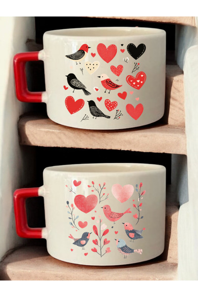 lili hediyelik Birds in Hearts Printed 2-Piece Coffee Cup Ceramic Mug - Ceramic Tea, Coffee Gift