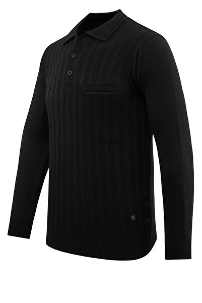 Çizgi Triko Ανδρικό πουλόβερ με λαιμόκοψη πόλο με μοτίβο τσέπης από ατσάλινο πλέγμα κλασικής εφαρμογής