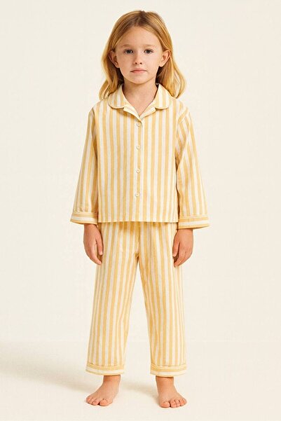 La ciel Paris Hei Yellow Unisex Children's Striped Seasonal 100% Cotton Pajamas Top and Bottom Set