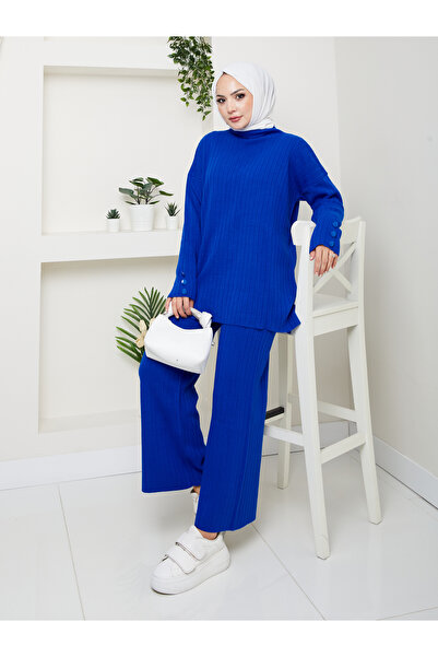 MY QILAM Γυναικείο Σετ Μαντίλι Χιτζάμπ Κορυφαίο και Κάτω Μέρος Πλεκτό Σετ με Κορδόνια Κορυφαίο γιακά Μανίκια με Λεπτομέρεια με Κουμπιά Πλεκτό Σετ Camel