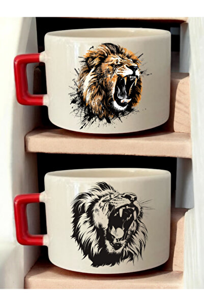 lili hediyelik طقم فناجين قهوة سيراميك مكون من قطعتين مع طباعة رسم الأسد - هد...
