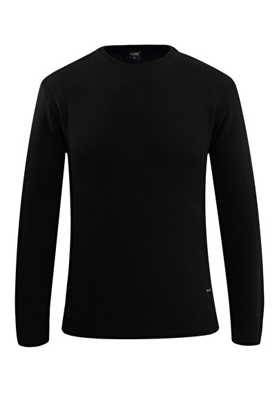 Çizgi Triko Men's Crew Neck Black Sweater Knitwear Honeycomb Knit Solid Color...