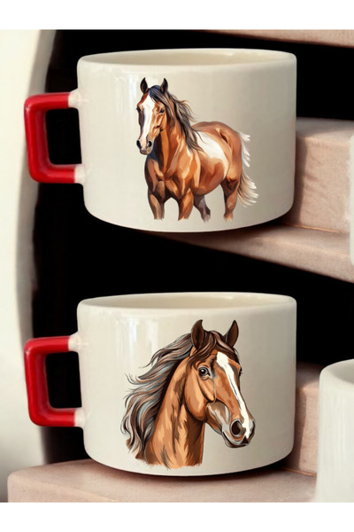 lili hediyelik Horse Drawing Printed 2-Piece Coffee Cup Ceramic Mug - Ceramic Tea, Coffee Gift