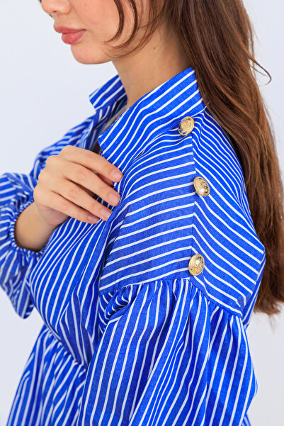 Cochines Women's Saks Blue and White Striped Long Sleeve Satin Hijab Shirt with Elastic Waist
