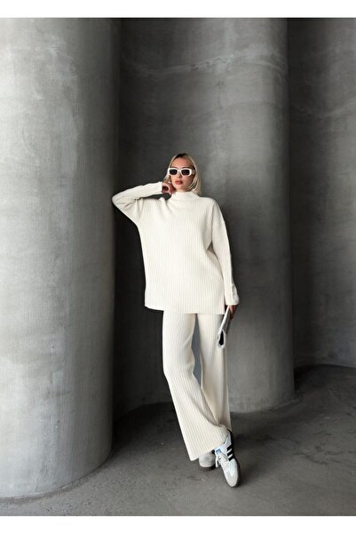 MY QILAM Γυναικείο Σετ Μαντίλι Χιτζάμπ Κορυφαίο και Κάτω Μέρος Πλεκτό Σετ με Κορδόνια Κορυφαίο γιακά Μανίκια με Λεπτομέρεια με Κουμπιά Πλεκτό Σετ Camel