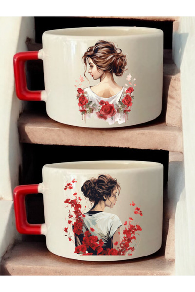 lili hediyelik Flowers and Women Printed 2-Piece Coffee Cup Ceramic Mug - Ceramic Tea, Coffee Gift