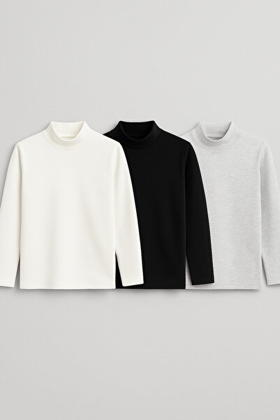 mini kanka 3 قطع سترة حرارية أساسية للأطفال بياقة نصف دائرية باللون الأسود والأبيض والرمادي والكريمي، طقم من 3 قطع للجنسين