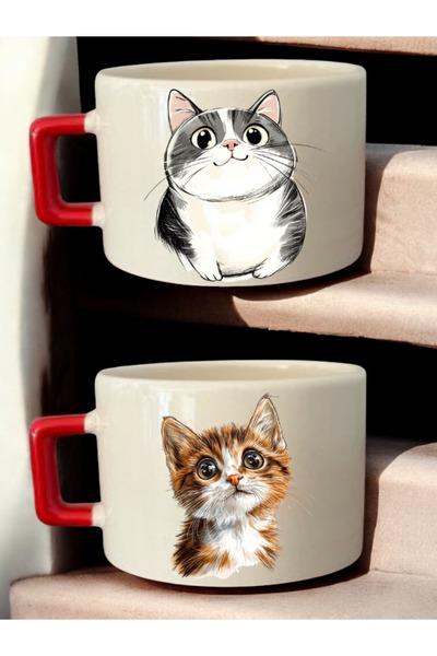 lili hediyelik Cute Cat Drawing Printed 2-Piece Coffee Cup Ceramic Mug - Ceramic Tea, Coffee Gift