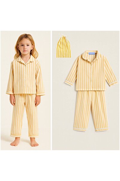 La ciel Paris Hei Yellow Unisex Children's Striped Seasonal 100% Cotton Pajamas Top and Bottom Set
