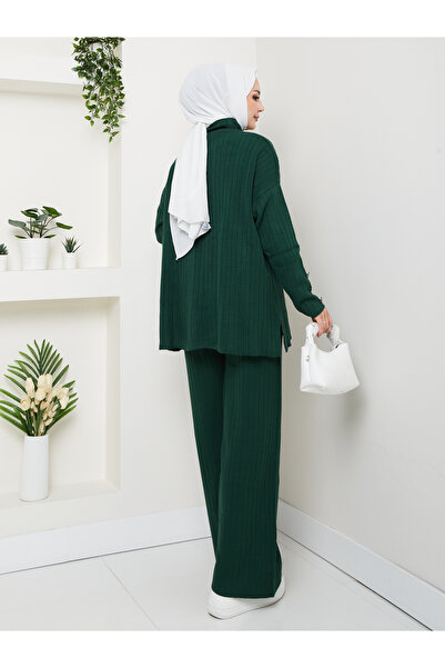 MY QILAM Women's Hijab Top and Bottom Set Ribbed Stand Collar Sleeves Button Detail Knitwear Set Camel