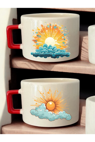lili hediyelik Cloud Sun Drawing Printed 2-Piece Coffee Cup Ceramic Mug - Ceramic Tea, Coffee Gift