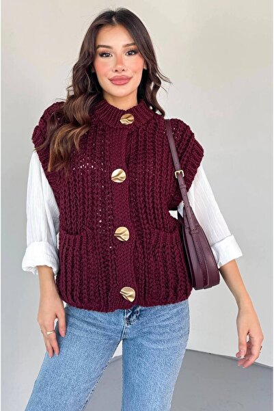 Butik Cepli Bisiklet Yaka Kalın Örgü Yelek