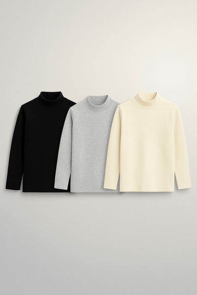 LITTLE&CO 3 Adet Çocuk Unısex Uzun Kollu Basic Sweatshırt Siyah-Beyaz-Gri Swe...
