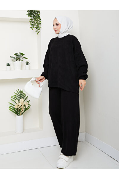 MY QILAM Women's Hijab Top and Bottom Set Ribbed Stand Collar Patterned Balloon Sleeve Black