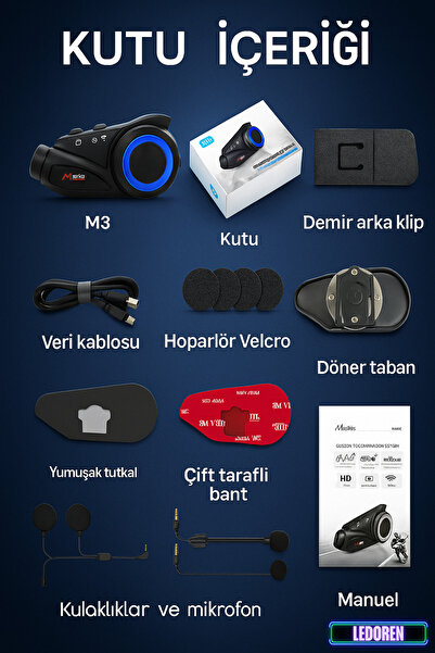L'eDoren Yeni Sürüm Maxto M3 intercom 360 Derece Dönen Kask Klipsli Kameralı Motosiklet Kask İntercomu