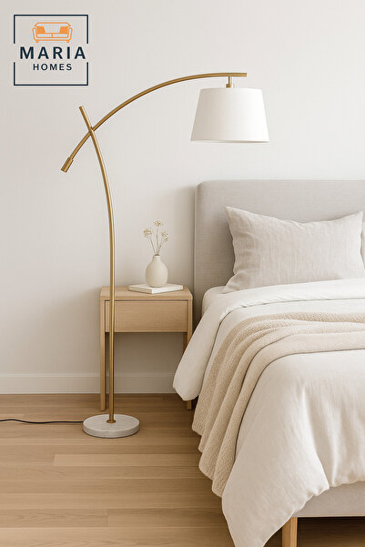 MARIA HOMES مصباح أرضي ذهبي عصري مع غطاء من القماش الأبيض - مصباح قائم أنيق