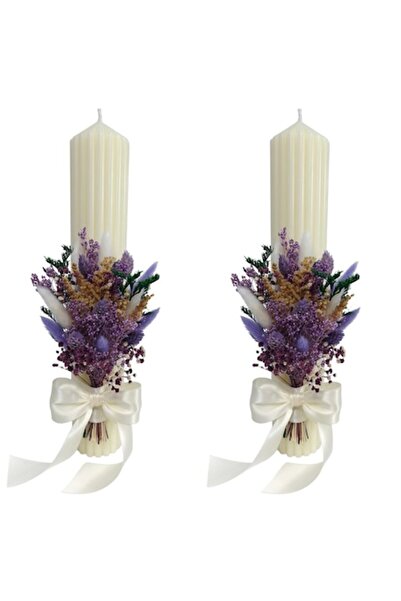 OEM Lumânări de nuntă decorate cu flori criogenate și uscate, H35/D6 cm, Mov