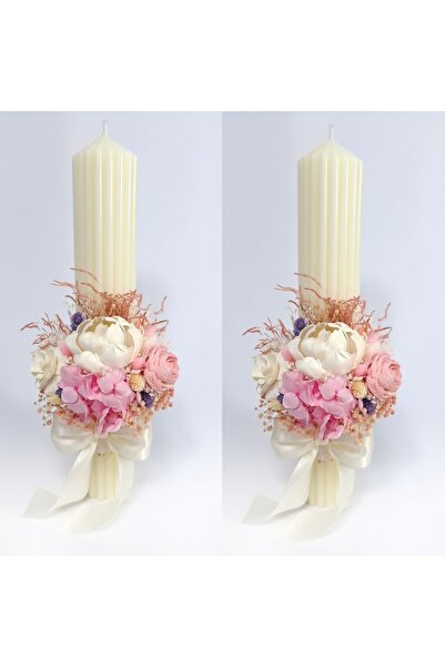 OEM Set 2 lumânări de nuntă decorate cu flori ming, hortensii conservate și flori conservate uscate
