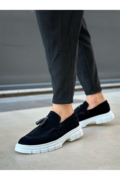 BOA Ba0240 Classic Shiny Tasseled Suede Black White Sole Men's Shoes