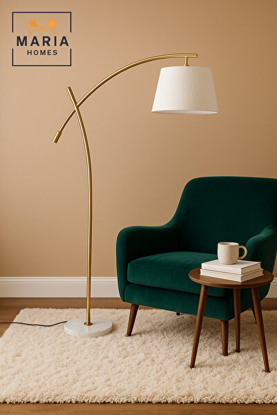 MARIA HOMES Modern Gold Floor Lamp with White Fabric Shade – Elegant Standing Light
