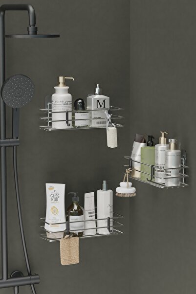 Hill Homes Krom Gümüş Yapışkanlı 3’lü Banyo Rafı Seti Duş Şampuanlık Duş Rafı Düzenleyici Organizer