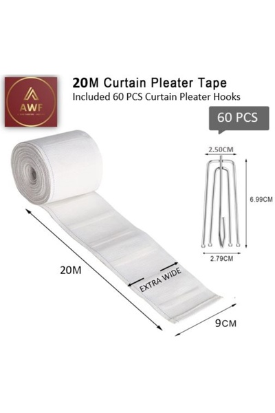 AWF AL WADI FURNITURE Shuff 20 Meters Extra Wide Heavy Duty Curtain Pleat Tape & 60 Pcs Stainless 4 Prongs Hooks