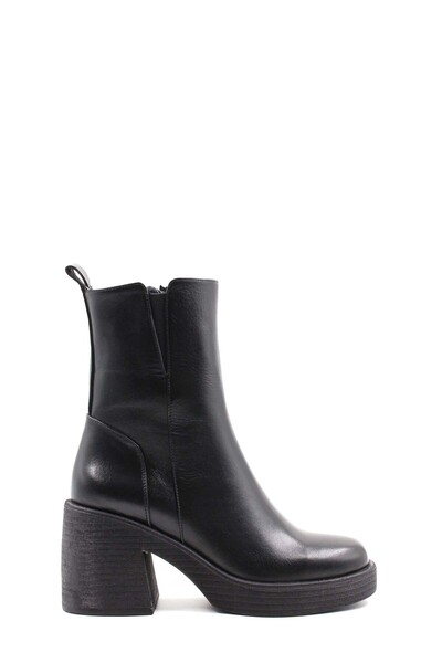 TUGERDİ Siyah Hakiki Deri Fermuarlı Termo Taban Kaliteli Topuklu Kadın Bot TG09217192610651113