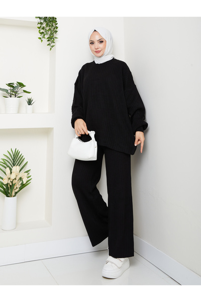 MY QILAM Women's Hijab Top and Bottom Set Ribbed Stand Collar Patterned Balloon Sleeve Black