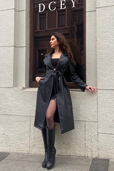 Moda Dubai Trenci din piele LORE KUŞAKLI-Negru