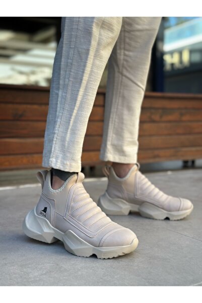 TUGERDİ Cream Laceless Comfortable High Sole Style Sports Half Ankle Men's Boots Tge230551
