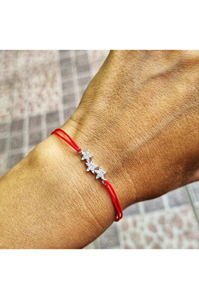 Wild Bracelets Adjustable adult bracelet made of 925 Silver with 3 star charm with zirconia crystals, red silk cord