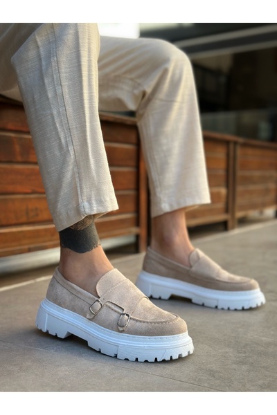 TUGERDİ Cream Suede Buckle Lightweight High Sole Style Men's Shoes Tge230392
