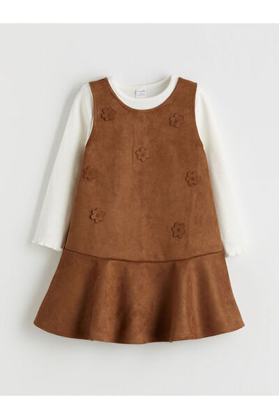 LC Waikiki Brown Crew Neck Floral Girls' Dress and T-Shirt