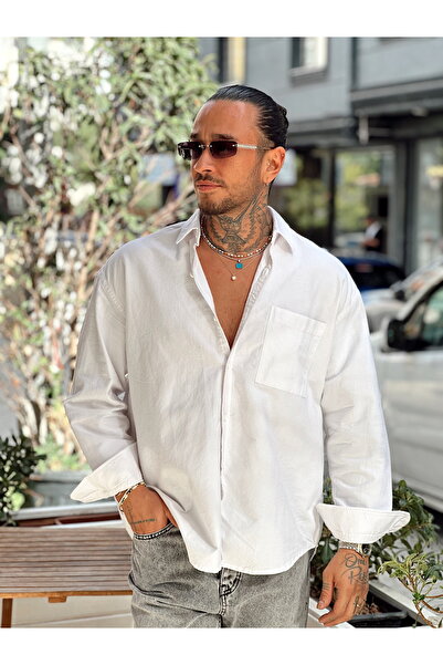 manch collection قميص أكسفورد بجيب واحد باللون الأبيض