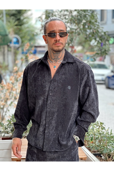 manch collection supradimensionat basic Cămașă din catifea neagră