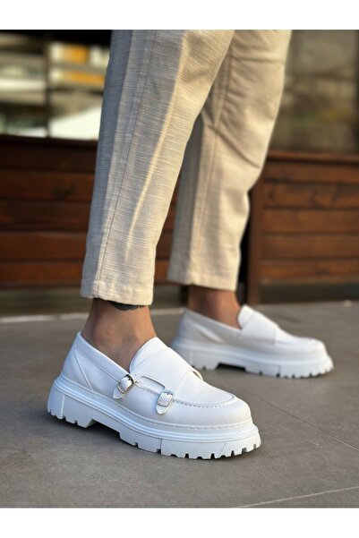 TUGERDİ White Buckle Lightweight High Sole Style Men's Shoes Tge230392