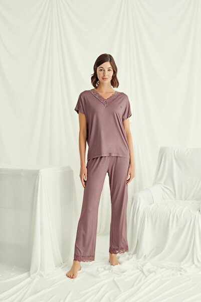 MONAMİSE Γυναικείο, κοντομάνικο, δαντελωτό, καφέ σετ πιτζάμες