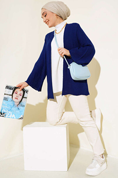 TİSTA Women's Saks Blue Batwing Sleeve Oversize Knit Cardigan