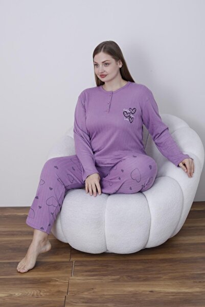 lindros Women's Cotton Button Collar Interlock Winter Oversized Pajama Set 05141 - 1 Piece