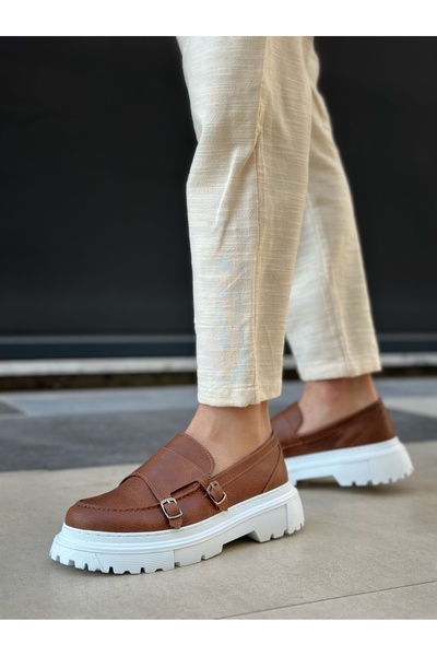 TUGERDİ Tan Buckle Lightweight High Sole Style Men's Shoes Tge230392