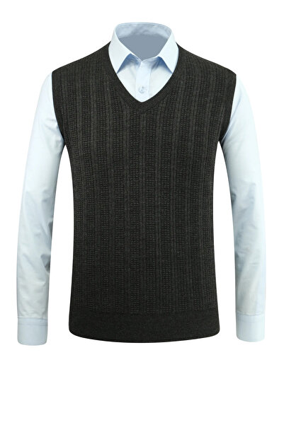 Çizgi Triko Men's V-Neck Sweater Patterned Steel Knitting Classic Pattern - 5209H