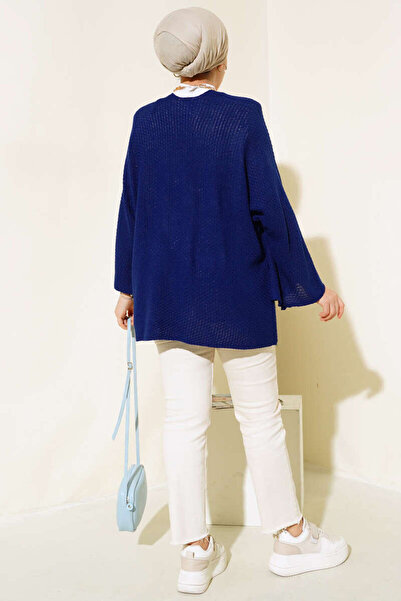 TİSTA Women's Saks Blue Batwing Sleeve Oversize Knit Cardigan